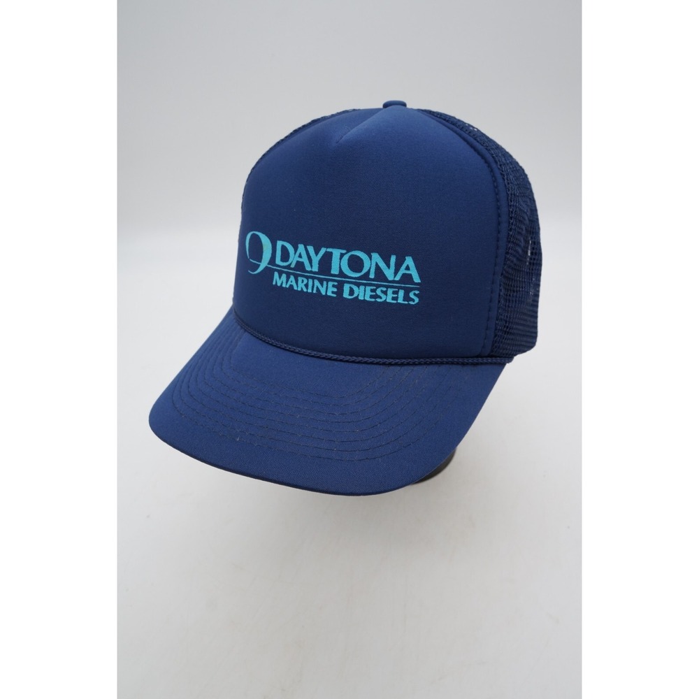 Vtg Snapback Trucker Hat Cap Blue Daytona Marine Diesels Foam Mesh Rope Cobra